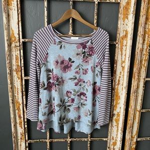 ODDY Long Sleeve Purple Gray Mixed Media High Low Top Small